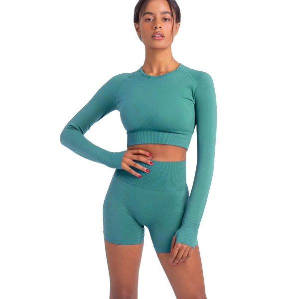 51HEbihgOAL.jpg Women Yoga 2 Pieces Workout Long Sleeve Crop Top Sports Bra + Running Shorts Sets Athletic Fitness Gym Tracksuit