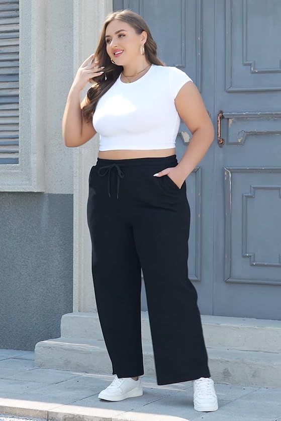 51KQLi3xPWL.jpg Women's Plus Size Wide Leg Sweatpants Elastic Waist Baggy Drawstring Lounge Pants with Pockets