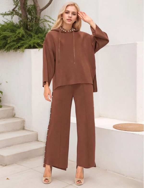 51TykwI94HL.jpg Women's 2 Piece Outfits Sweatsuit Sets Pearls Hoodie Top Wide Leg Pants Loose Lounge Set Tracksuits