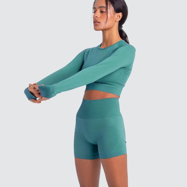 51k4hj9lLSL.jpg Women Yoga 2 Pieces Workout Long Sleeve Crop Top Sports Bra + Running Shorts Sets Athletic Fitness Gym Tracksuit