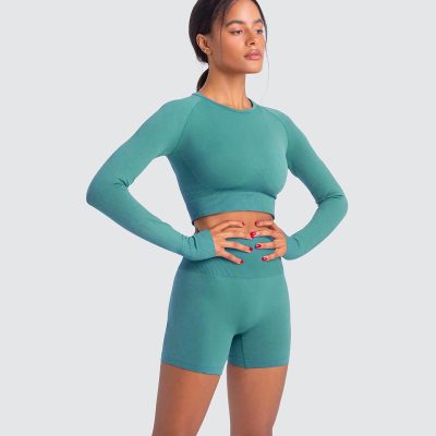 Women Yoga 2 Pieces Workout Long Sleeve Crop Top Sports Bra + Running Shorts Sets Athletic Fitness Gym Tracksuit