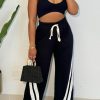 Women High Waist Wide Leg Sweatpants Straight Leg Elastic Waist Pants Casual Striped Pants with Drawstring