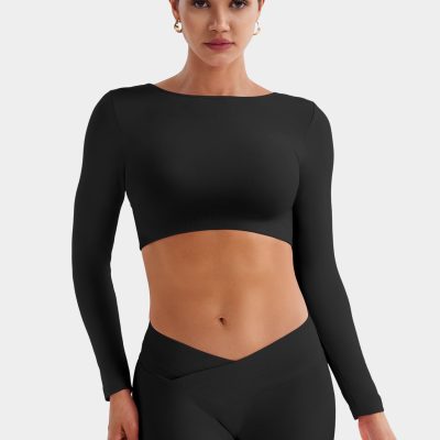 Villay Women Sexy Backless Long Sleeve Adjustable Straps Seamless Going Out Tops Crewneck Open Back Y2K Crop Stretch