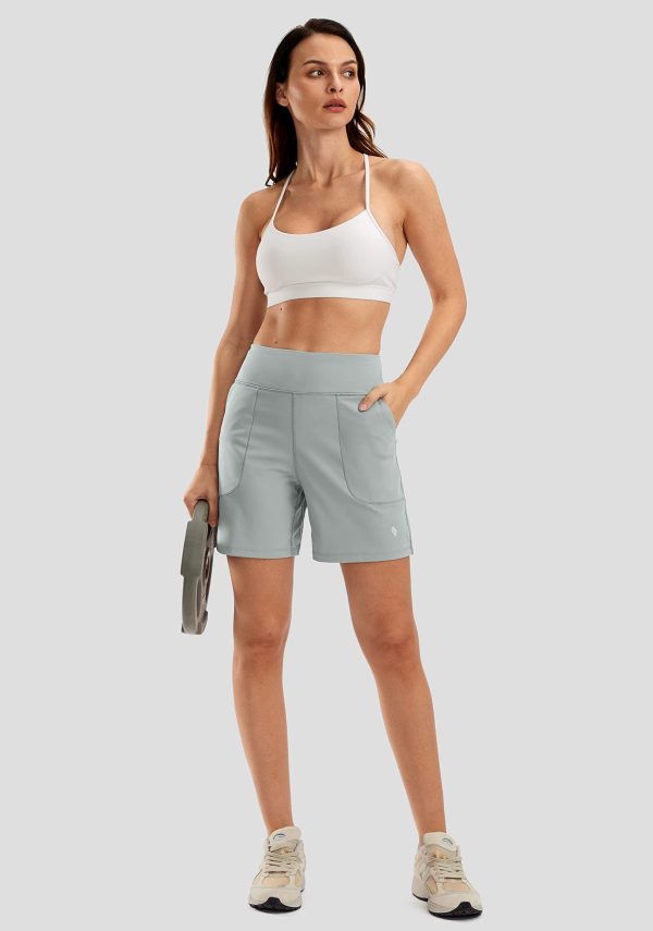 61IdGGbsseL.jpg Women's 6'' Athletic Long Shorts with 4 Pockets High Waisted Bermuda Shorts for Women Walking Running Casual