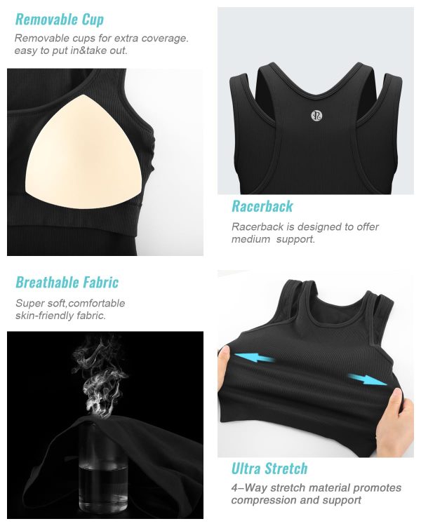 61Nr3514hCL.jpg Sports Bras for Women High Impact Seamless Ribbed Longline High Neck Workout Crop Tank Tops Padded