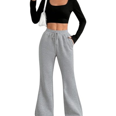 Women's High Waisted Drawstring Waist Wide Leg Sweatpants Casual Lounge Pants with Pockets