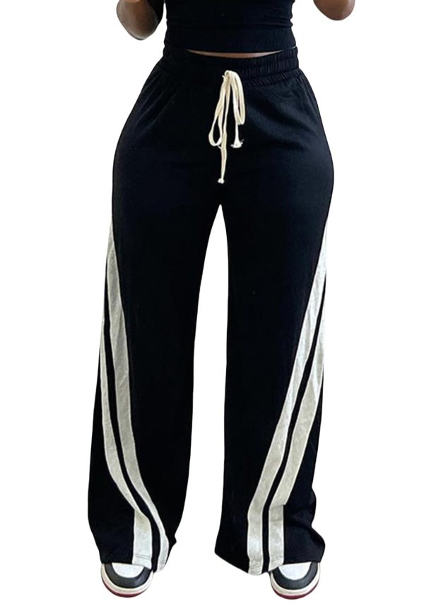 61ZK4Mohe-L.jpg Women High Waist Wide Leg Sweatpants Straight Leg Elastic Waist Pants Casual Striped Pants with Drawstring