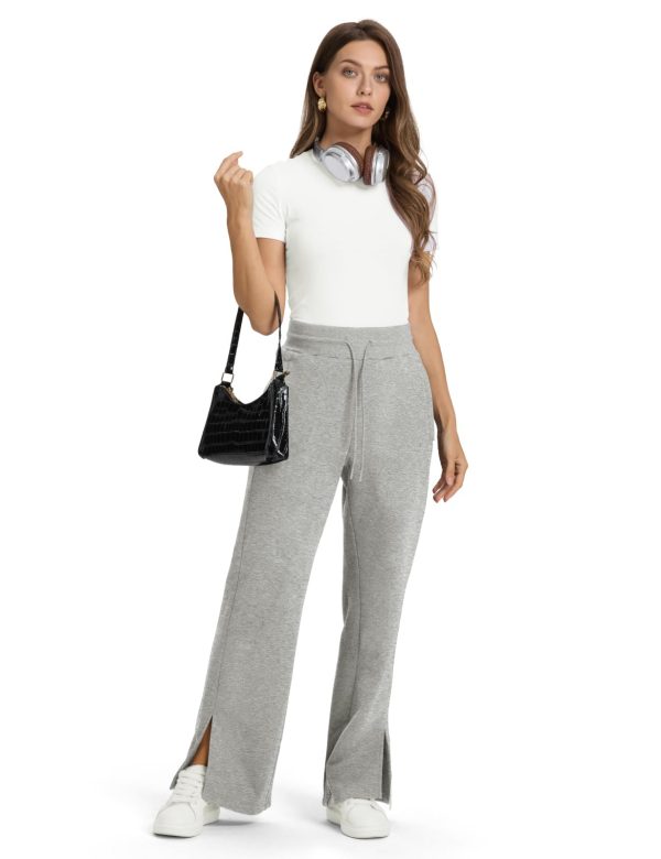 61hHREghPtL.jpg Women's Fleece Lined Sweatpants High Waisted Slit Wide Leg Baggy Pants Workout Lounge Drawstring Zipper Pockets