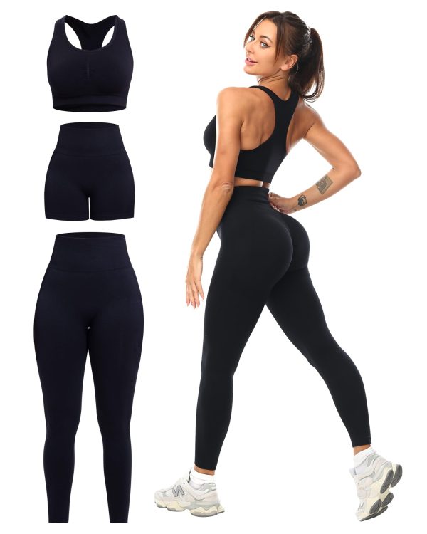 61hlUWxFiTL.jpg 3 Piece Workout Sets for Women Butt Lifting Leggings with High Impact Sports Bra Gym Shorts