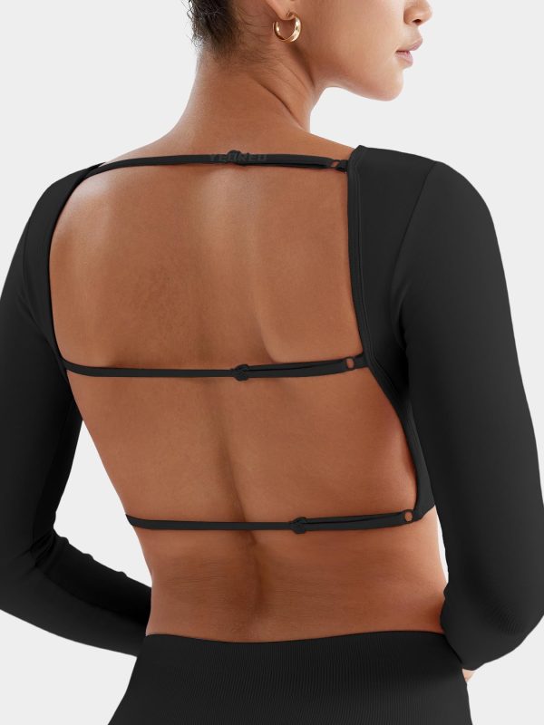61lTSY60ELL.jpg Villay Women Sexy Backless Long Sleeve Adjustable Straps Seamless Going Out Tops Crewneck Open Back Y2K Crop Stretch
