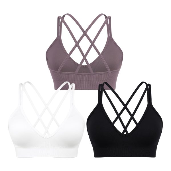 61m5owYn7hL.jpg Sports Bra for Women V-Neck Strappy Criss Cross Yoga Bra Padded Seamless Workout Gym Athletic Fitness Bras 3 Pack