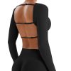 Villay Women Sexy Backless Long Sleeve Adjustable Straps Seamless Going Out Tops Crewneck Open Back Y2K Crop Stretch