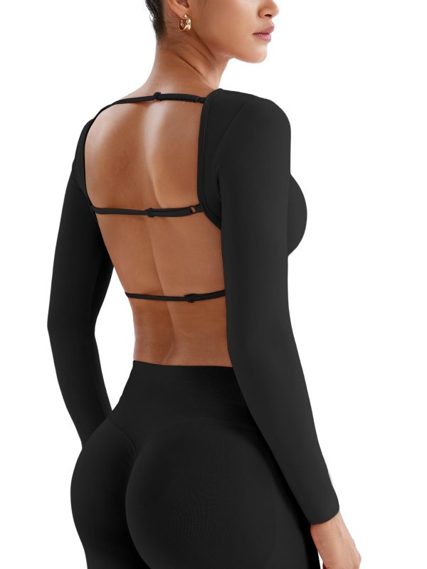 61rViiIJb9L.jpg Villay Women Sexy Backless Long Sleeve Adjustable Straps Seamless Going Out Tops Crewneck Open Back Y2K Crop Stretch