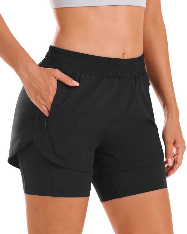 61rf2A38gTL.jpg Women 2 in 1 Running Shorts High Waisted Athletic Shorts Gym Workout Shorts with Liner Zipper Pockets
