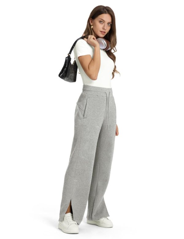 61vFgNHoOOL.jpg Women's Fleece Lined Sweatpants High Waisted Slit Wide Leg Baggy Pants Workout Lounge Drawstring Zipper Pockets