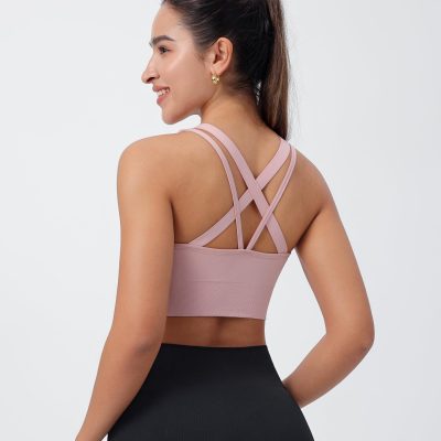 Strappy Sports Bras for Women, Scoop Neck Medium Support Yoga Bra Seamless Criss Cross Longline High Impact Workout Bras