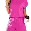 Women's 2 Piece Outfits Casual Colorblock Short Sleeve Pullover Tops and Drawstring Shorts Pants Lounge Sets