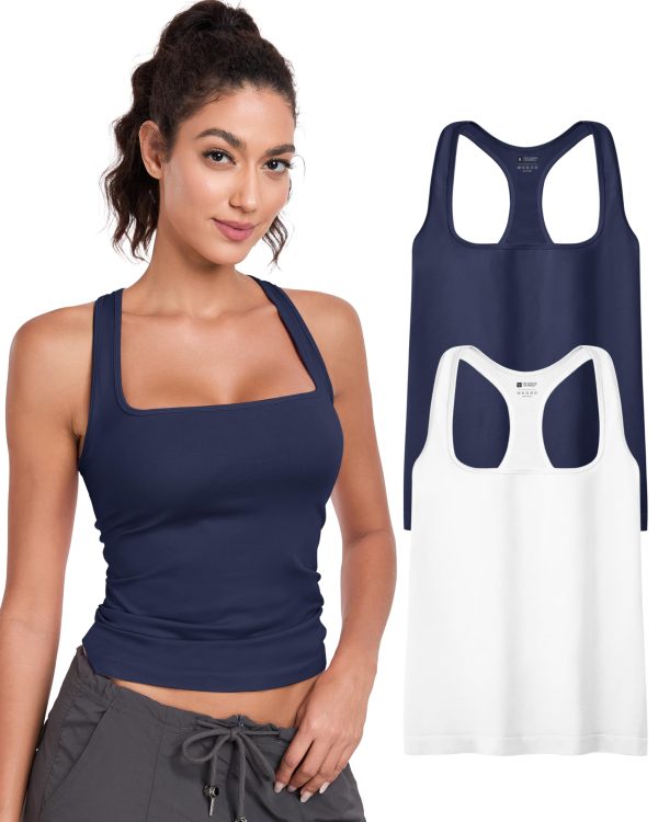 71-HAE5CHoL.jpg Womens 2PK Square Neck Tank Tops Long Seamless Workout Racerback Y2K Shirt 2025 Trendy Going Out Basic Fitted Cami