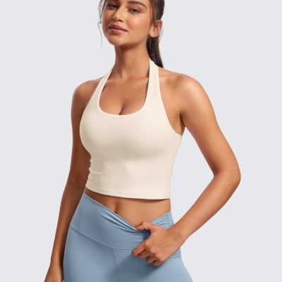 Womens Butterluxe Halter Longline Sports Bra - Padded Workout Yoga Crop Tops Tanks with Built in Pads