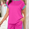 Women's 2 Piece Outfits Casual Colorblock Short Sleeve Pullover Tops and Drawstring Shorts Pants Lounge Sets
