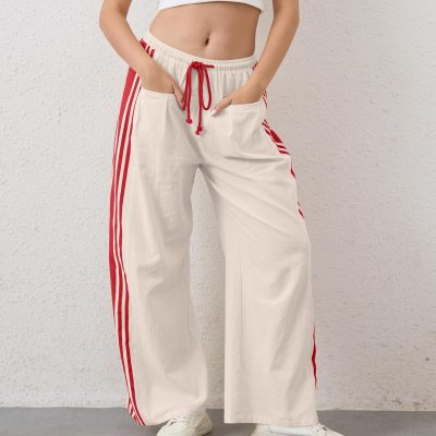 Women Side Striped Wide Leg Pants Color Block High Rise Drawstring Sweatpants Baggy Track Pants with Pockets