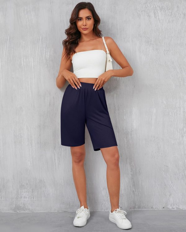 71SCdA0CRBL.jpg 3 Pack Women's 8" Bermuda Shorts, High Waist Stretch Casual Knee Length Bottoms Summer Athletic Gym Short with Pocket