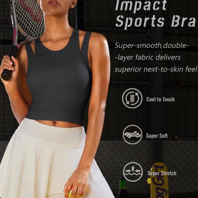 Sports Bras for Women High Impact Seamless Ribbed Longline High Neck Workout Crop Tank Tops Padded