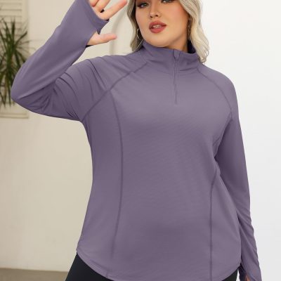 Womens Plus Size Workout Tops Long Sleeve 1/4 Zip UV Sun Protection Quick Dry Hiking Athletic Shirts Rash Guard UPF 50+
