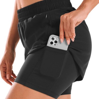 Women 2 in 1 Running Shorts High Waisted Athletic Shorts Gym Workout Shorts with Liner Zipper Pockets