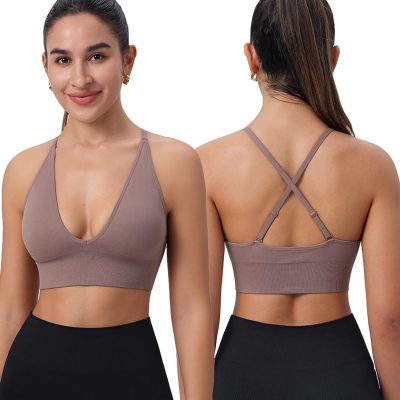 Women's Sports Bras Adjustable Deep V Neck Bras Wireless Spaghetti Strap Criss Cross Padded Low Support Sexy Bras