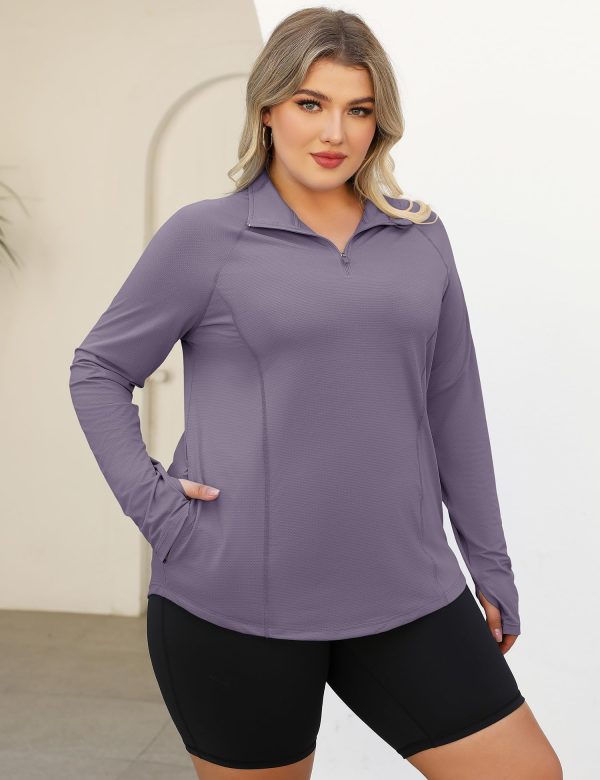 71hDfhaChbL.jpg Womens Plus Size Workout Tops Long Sleeve 1/4 Zip UV Sun Protection Quick Dry Hiking Athletic Shirts Rash Guard UPF 50+