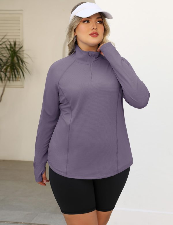 71nUdCuyX7L.jpg Womens Plus Size Workout Tops Long Sleeve 1/4 Zip UV Sun Protection Quick Dry Hiking Athletic Shirts Rash Guard UPF 50+