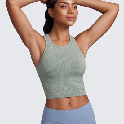Womens Seamless Ribbed Longline High Neck Sports Bra - Racerback Padded Slim Fit Crop Tank Top with Built in Pads