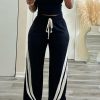Women High Waist Wide Leg Sweatpants Straight Leg Elastic Waist Pants Casual Striped Pants with Drawstring