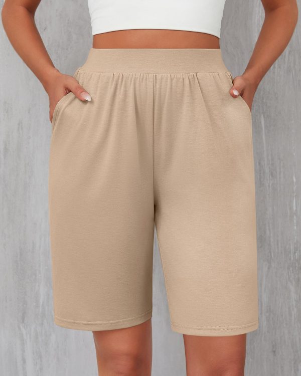 71wgAPqM-pL.jpg 3 Pack Women's 8" Bermuda Shorts, High Waist Stretch Casual Knee Length Bottoms Summer Athletic Gym Short with Pocket