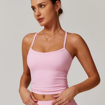 Womens Longline Sports Bras Cross Back Active Gym Yoga Padded Workout Crop Tank Top with Built in Bra