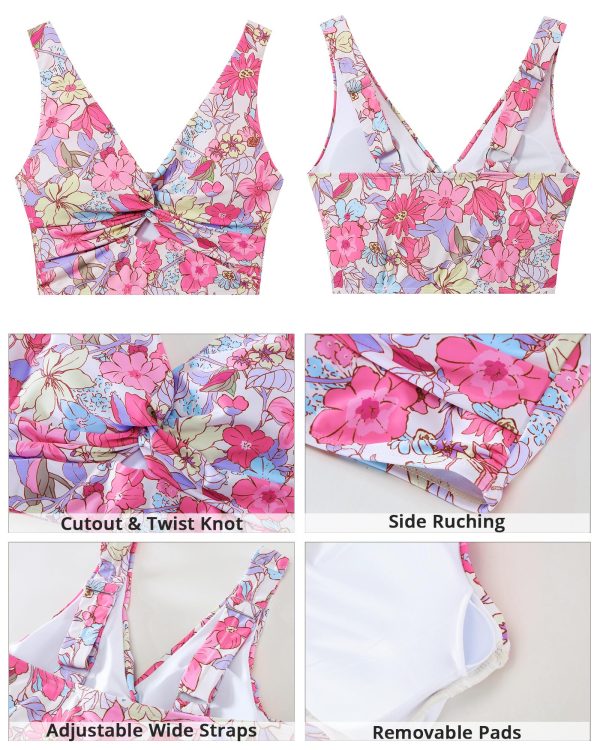 811EndF4D5L.jpg Bikini Tops for Women Cropped Tankini Tops Floral Printed Beach Padded Knot Twist Cut Out Bathing Suit Top Only