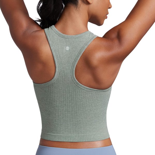 814ZfMCIjHL.jpg Womens Seamless Ribbed Longline High Neck Sports Bra - Racerback Padded Slim Fit Crop Tank Top with Built in Pads