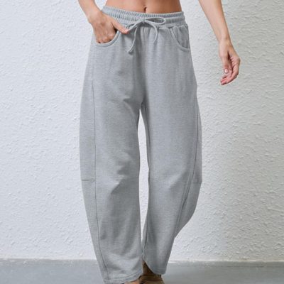 Women's Barrel Leg Sweatpant Drawstring Elastic Waisted Wide Leg Pants Casual Cotton Palazzo Trousers with Pockets