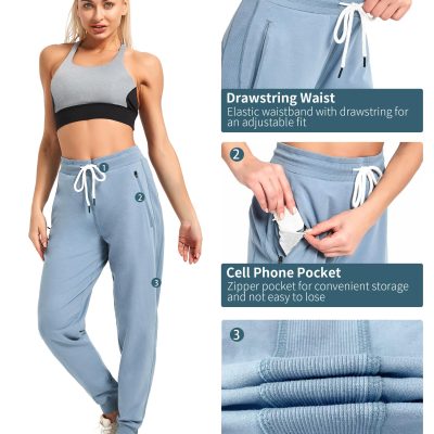 Women Workout Sweatpants Cotton Jogger Ribber Splicing Lounge Sweat Pants with Zipper Pocket