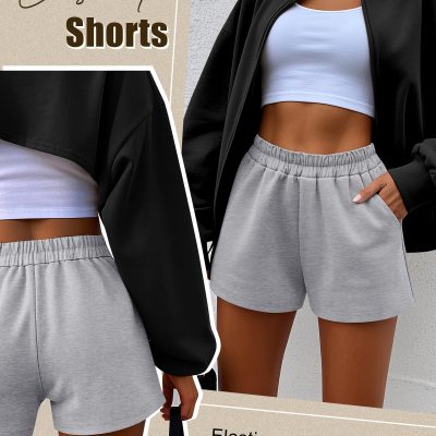 3 Pack Women's Sweat Shorts, Elastic High Waist Shorts Casual Summer Lounge Cotton Comfy Athletic Shorts with Pockets