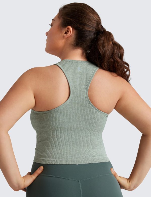 81J9W2USg2L.jpg Womens Seamless Ribbed Longline High Neck Sports Bra - Racerback Padded Slim Fit Crop Tank Top with Built in Pads