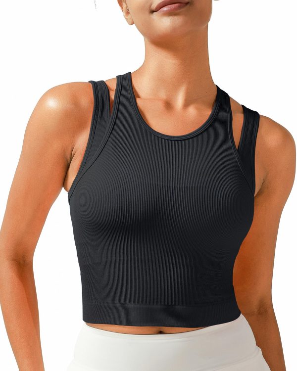81NdBJpsZdL.jpg Sports Bras for Women High Impact Seamless Ribbed Longline High Neck Workout Crop Tank Tops Padded