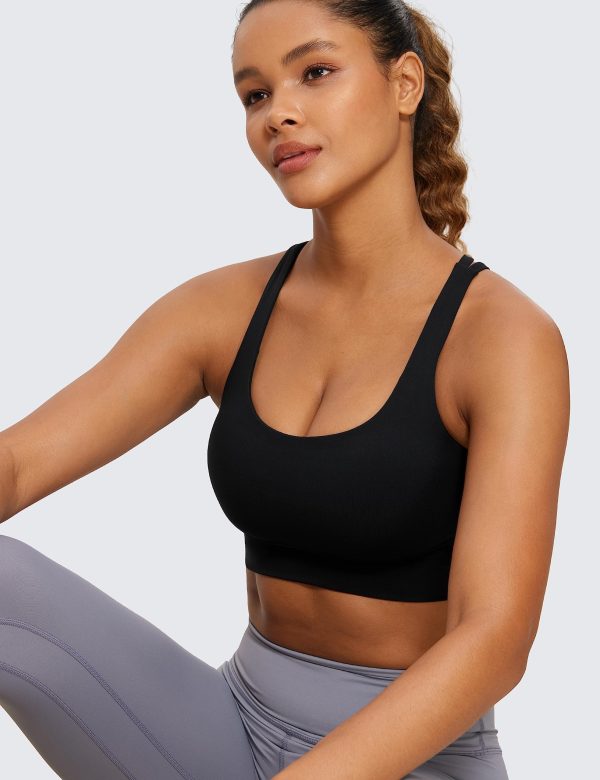 81OUSlGwKL.jpg Womens Strappy Longline Sports Bra - Medium Impact Criss Cross Yoga Padded Workout Crop Top