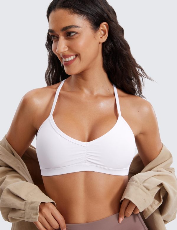 81RW0sZgKpL.jpg Butterluxe Womens Ruched V Neck Sports Bra - Y Back Spaghetti Thin Strap Wireless Padded Yoga Crop Top