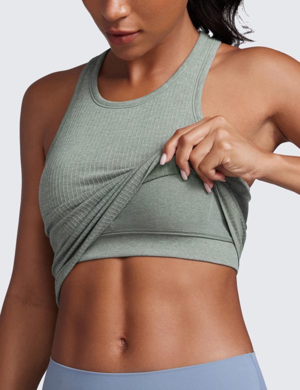 81eMkbnElqL.jpg Womens Seamless Ribbed Longline High Neck Sports Bra - Racerback Padded Slim Fit Crop Tank Top with Built in Pads
