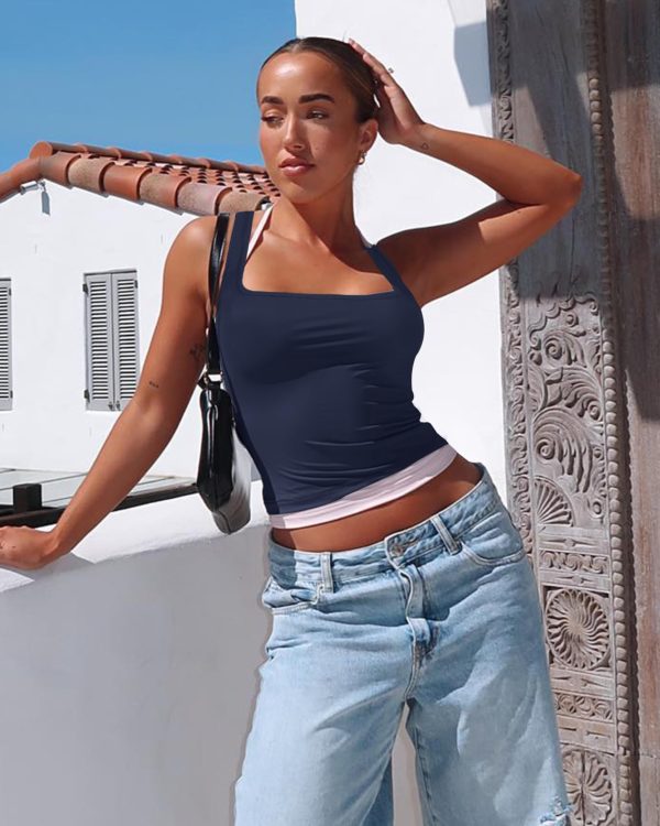 81kfO0t6RTL.jpg Womens 2PK Square Neck Tank Tops Long Seamless Workout Racerback Y2K Shirt 2025 Trendy Going Out Basic Fitted Cami