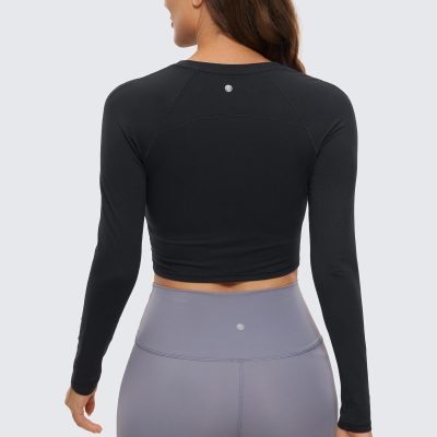 Womens Long Sleeve Crop Workout Tops Athletic Yoga Running Cropped T-Shirt Slim Fit Gym Shirts