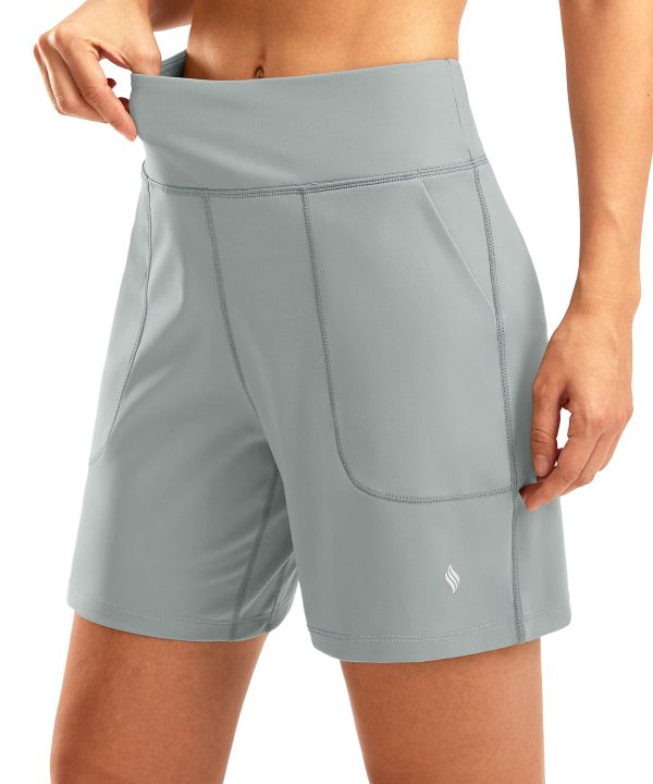 81mZ1Ifvv2L.jpg Women's 6'' Athletic Long Shorts with 4 Pockets High Waisted Bermuda Shorts for Women Walking Running Casual