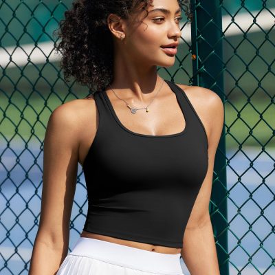 High Impact Sports Bras for Women - Square Neck Longline Workout Crop Tops with Built in Shelf Yoga Bra